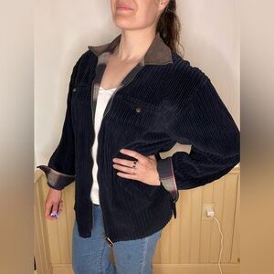 Denim & Co Vintage Corduroy Barn Coat Chore Jacket Navy Plaid Suede Collar Sz M